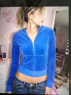 Juicy Couture Blue Velour Hoodie with Black Label Tag Y2k Inspired Womens M